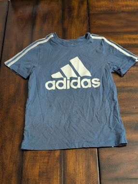 adidas Blue Tee with White Logo and Stripes Size Kids Small